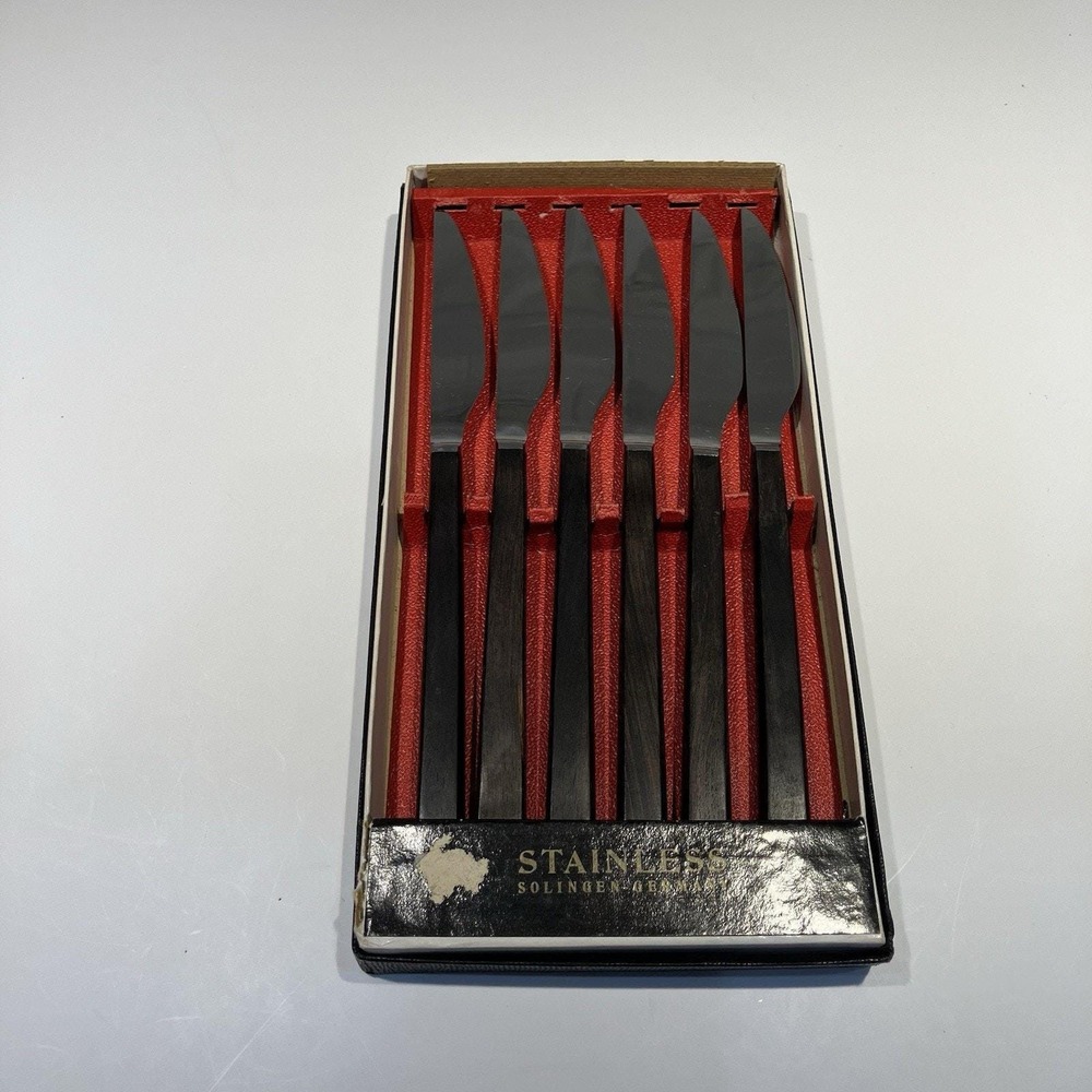6 Peaso Stainless Steel Wood Handle Serrated Steak Knives Solingen Germany MCM